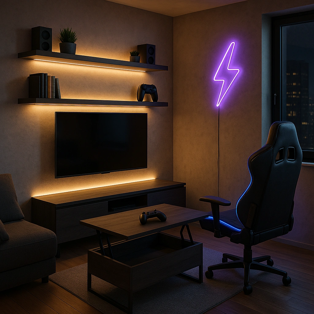 Small Man Cave Ideas That Transform Tiny Spaces neon light in small man cave